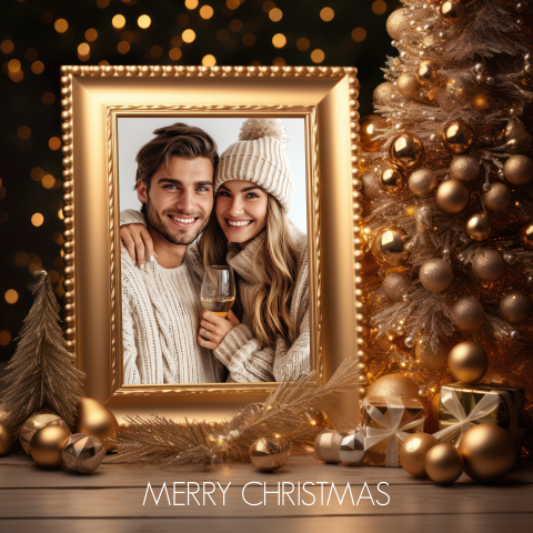Kerstkaart gouden fotoframe kerstboom eigen foto