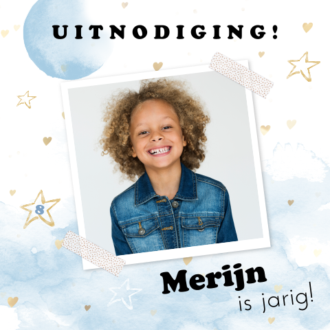 Feestje uitnodiging foto waterverf hartjes en sterretjes