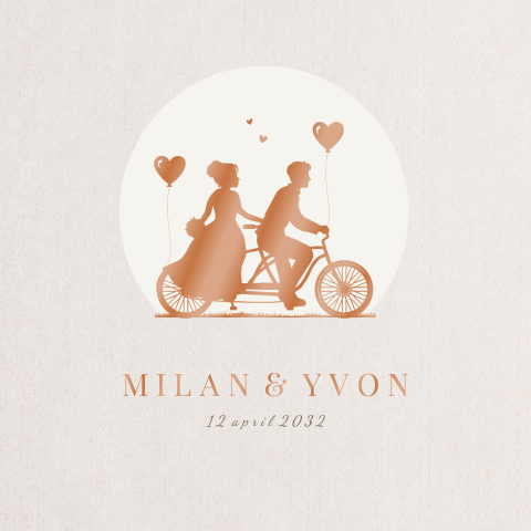 Trouwkaart tandem bruidspaar met ballonnen in hoogglans lak