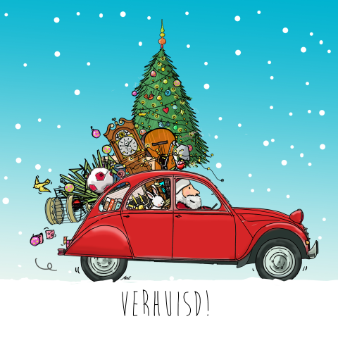 Getekende combi kerst verhuiskaart van rode eend cv kaart