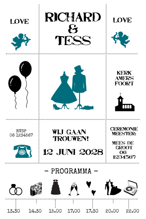 Trouwkaart met icoontjes in aqua met witte achtergrond