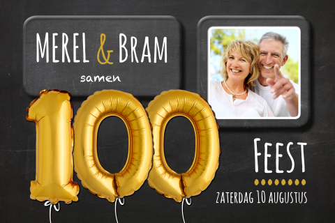 Uitnodiging samen 100 ballonnen goud look op krijtbord