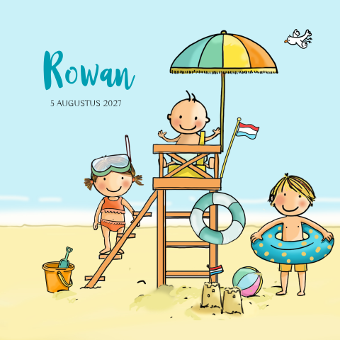 Geboortekaartje jongen 3e kindje strand met zusje en broer