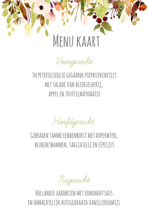 Menukaart met watercolor bloemen bruin geel en groen