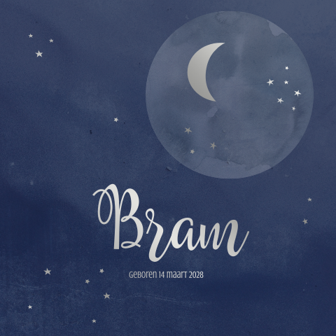 Jongens geboortekaartje blauwe achtergrond met maan en sterren folie