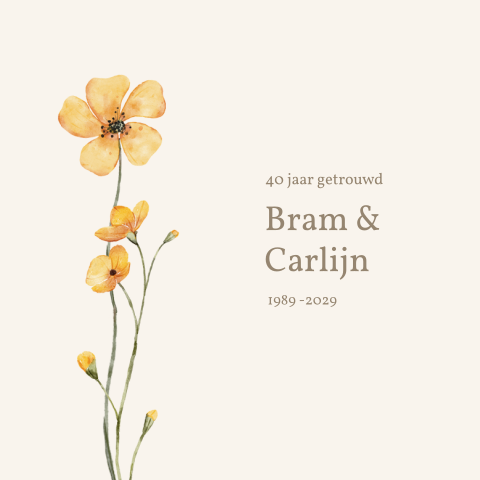 Uitnodiging 40 jaar getrouwd beige met gele bloem