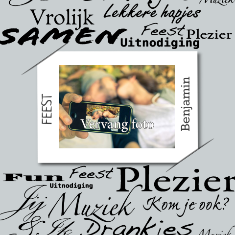 Verjaardag uitnodiging typografie en foto in grijs hip en trendy