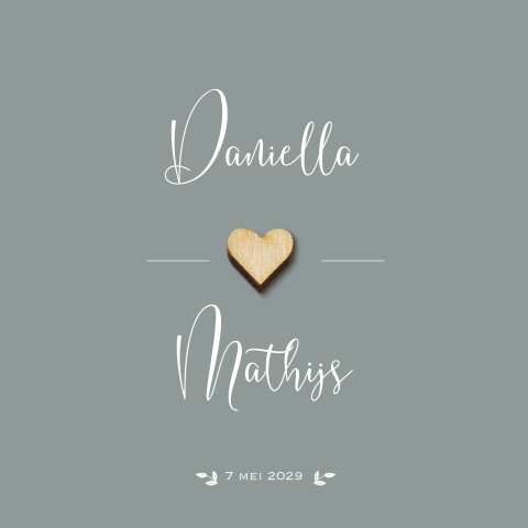 Trouwkaart groen met echt houten hartje