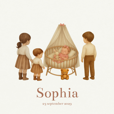 Geboortekaartje 4e kindje meisje tekening ledikant met grote zus