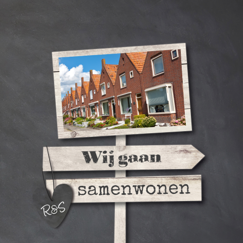 Verhuiskaart wij gaan samenwonen krijtbord met wegwijs borden en foto