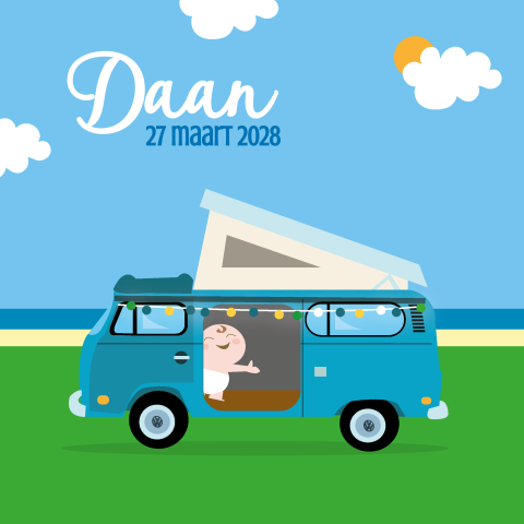 Hip geboortekaartjejongen met volkswagenbusje camping zee