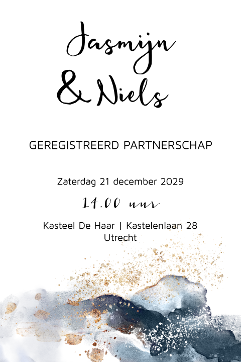 Geregistreerd partnerschap uitnodiging blauwe waterverf en goud 