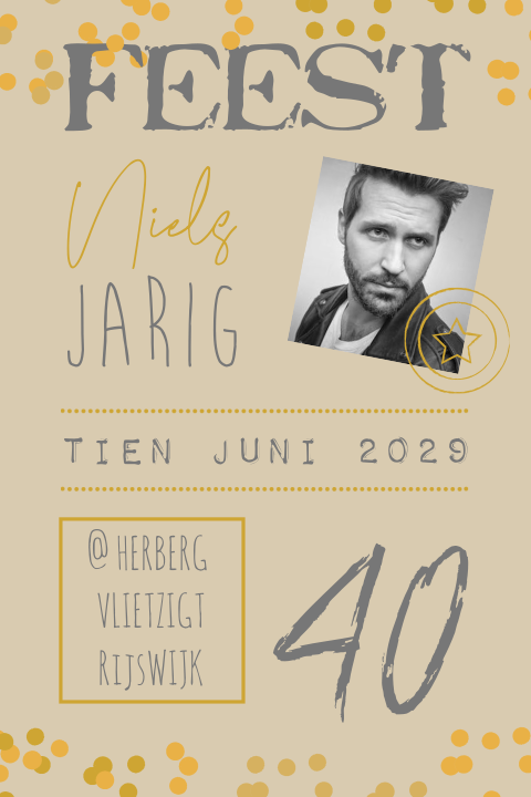 Uitnodiging man 40 jaar typografisch met pasfoto