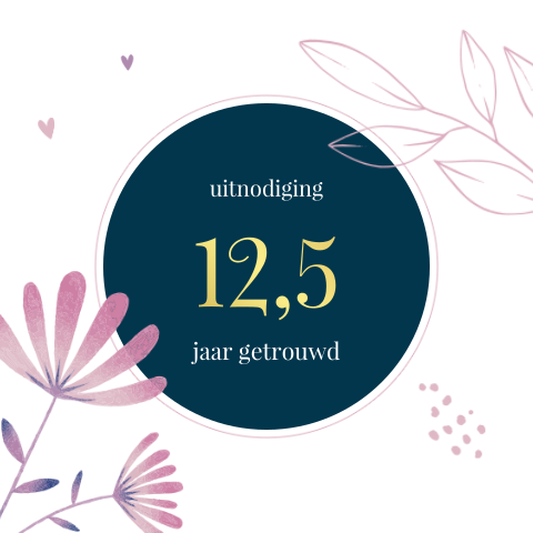 12,5 jarig jubileum kaart met paarse bloemen en goudfolie