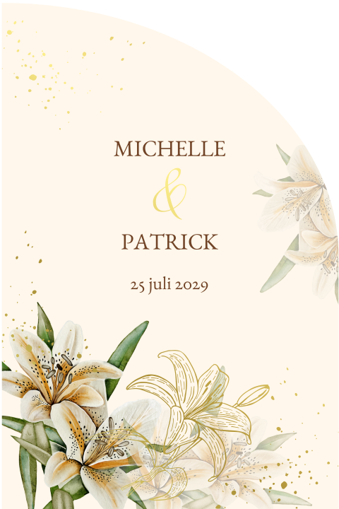 Trouwkaart in boogvorm beige met mooie witte lelies 