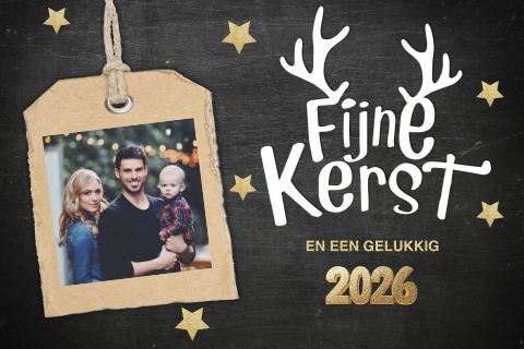 Kerstkaart zwart goud gewei met label