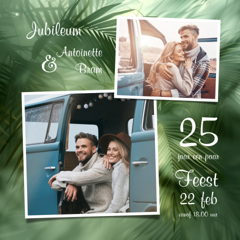 Botanische uitnodiging palmblad fotocollage 25 jaar jubileum