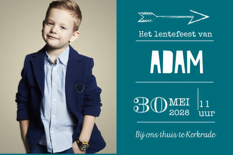 Lentefeest kaartje foto jongen tekst petrol kleur