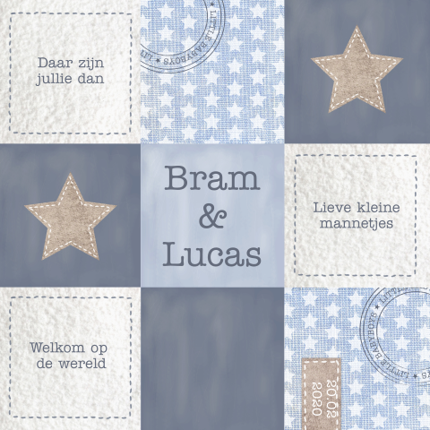 Geboortekaartje vakjes sterren tweeling jongens