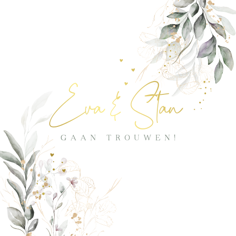 Stijlvolle trouwkaart prachtige bloemen en takjes goudfolie