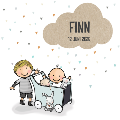 Geboortekaartje 2e kindje jongen met broer met knuffels