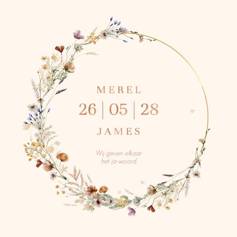 Trouwkaart met krans van veldbloemen