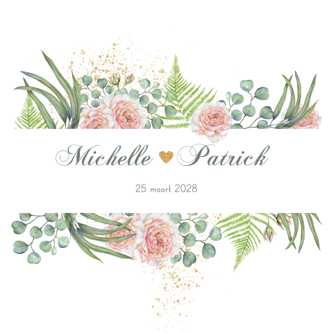 Trouwkaart getekende takjes en botanische rozen
