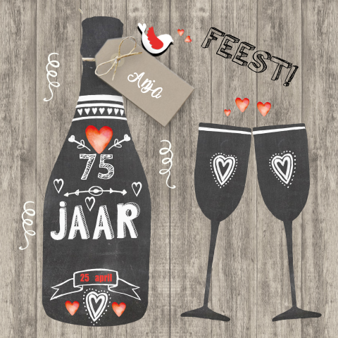 Uitnodiging 75 jaar verjaardag schoolbord op hout