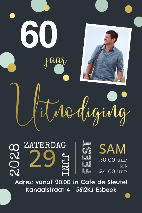 Verjaardagsuitnodiging 60 verjaardag tekst blauw en goudfolie