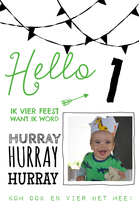 Uitnodiging 1e verjaardagsfeestje zwart wit met vlaggetjes