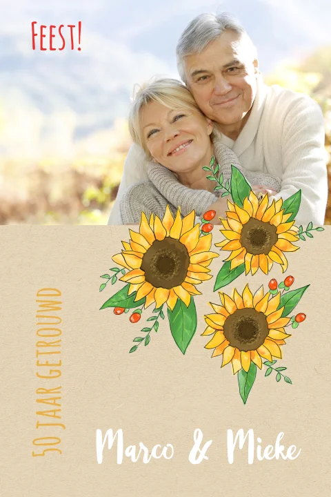 Jubileumkaart 50 jaar getrouwd foto en zonnebloemen