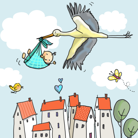 Geboortekaart zoontje ooievaar door lucht over huizen