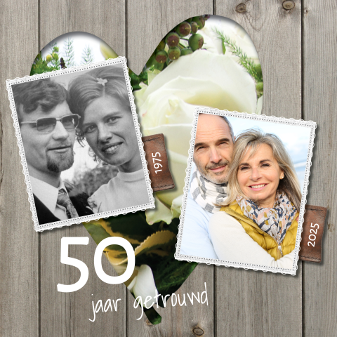Uitnodiging bruiloft 50 jaar getrouwd hout en oude foto