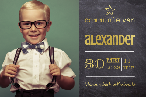 Uitnodiging eerste communie jongen met krijtbord en goudfolie