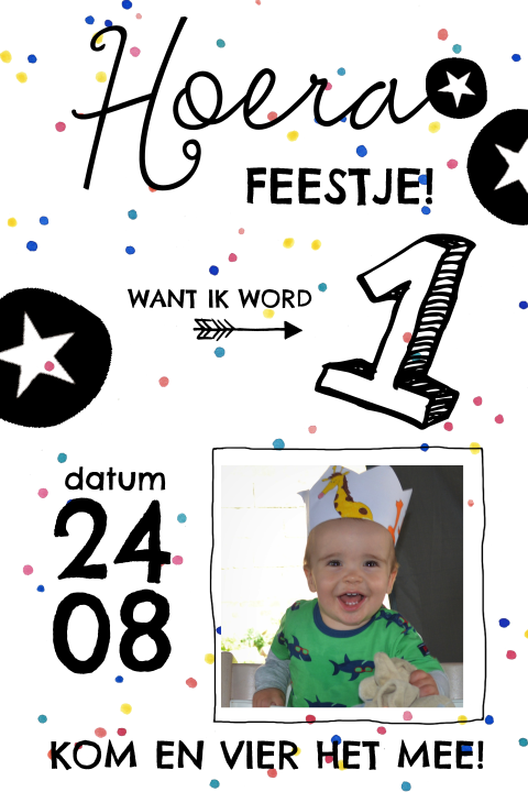 Uitnodiging eerste verjaaardagsfeestje met confetti en sterren