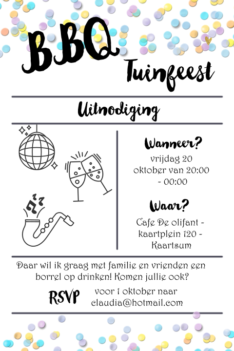 Uitnodiging bbq tuinfeest met lichte kleuren confetti en typografie