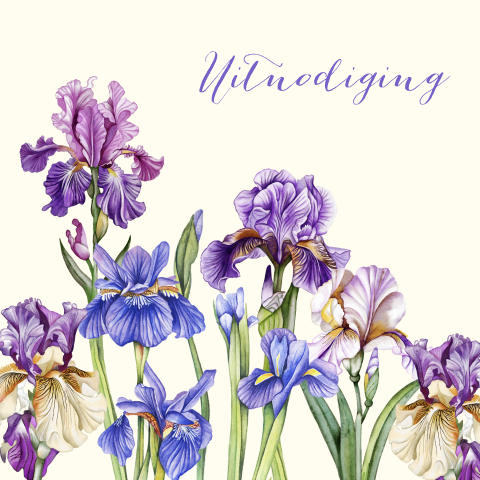 Uitnodiging verjaardag vrouw met Lisse bloemen paars blauwe 