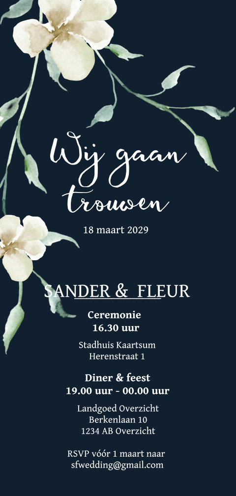 Trouwkaart navy blauw met witte bloemen