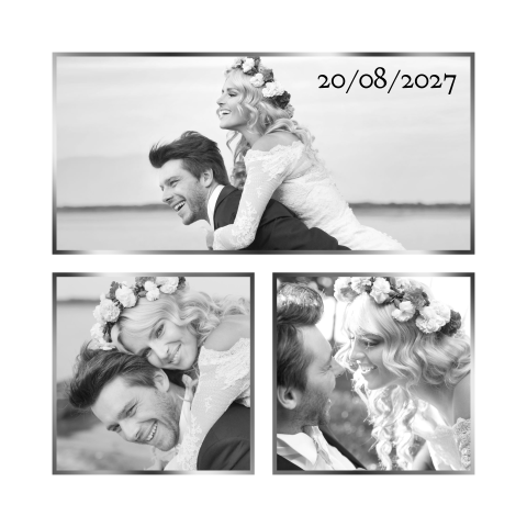 Trouwkaart fotocollage wit zilver