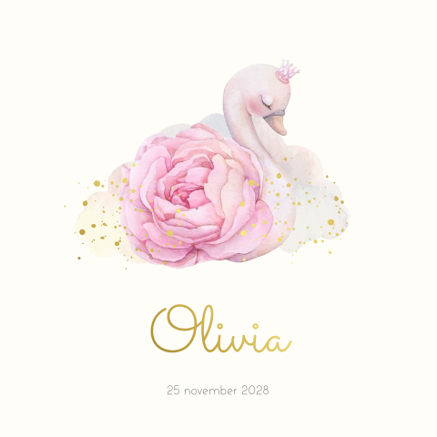Geboortekaartje voor een meisje met zwaan roos en kroontje