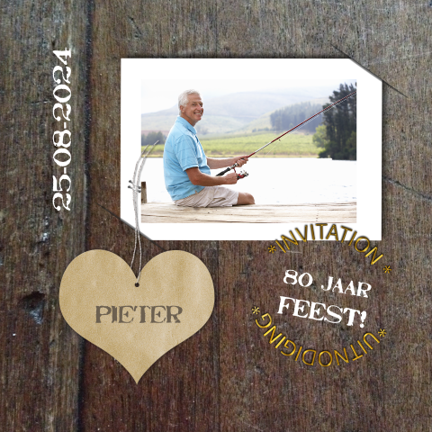 Uitnodiging 80e verjaardag vintage hout foto en hart