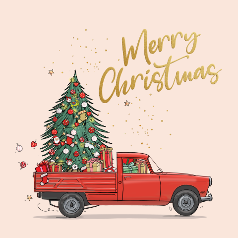 Getekende kerstkaart met stoere Peugeot pickup rood