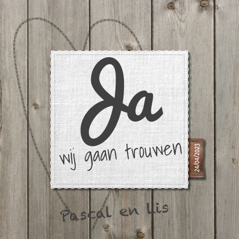 Trouwen uitnodiging huwelijk met steigerhout en linnen