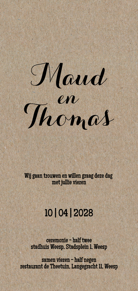 Kraft trouwkaart op echt bruin kraft papier gedrukt