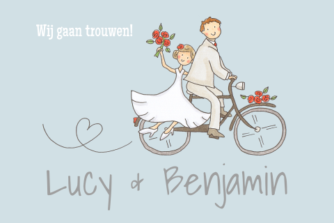Trouwkaart bruidspaar op fiets op blauw