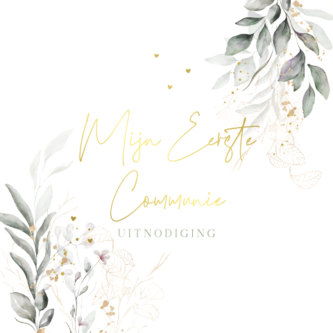 Eerste communie uitnodiging prachtige bloemen en takjes goudfolie