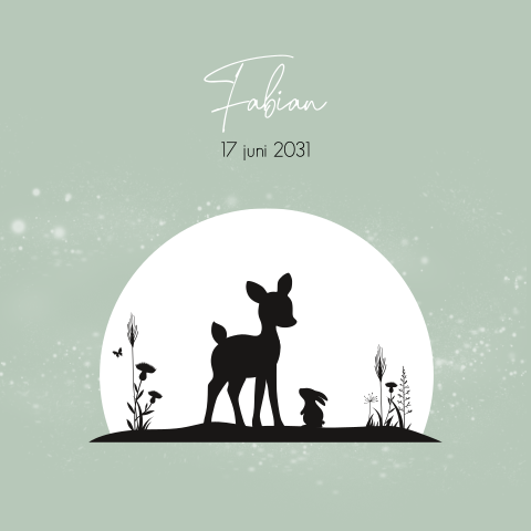 Silhouet geboortekaartje met hertje en konijn voor een jongen