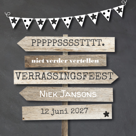 Moderne uitnodiging verrassingsfeest met oude wegwijs borden