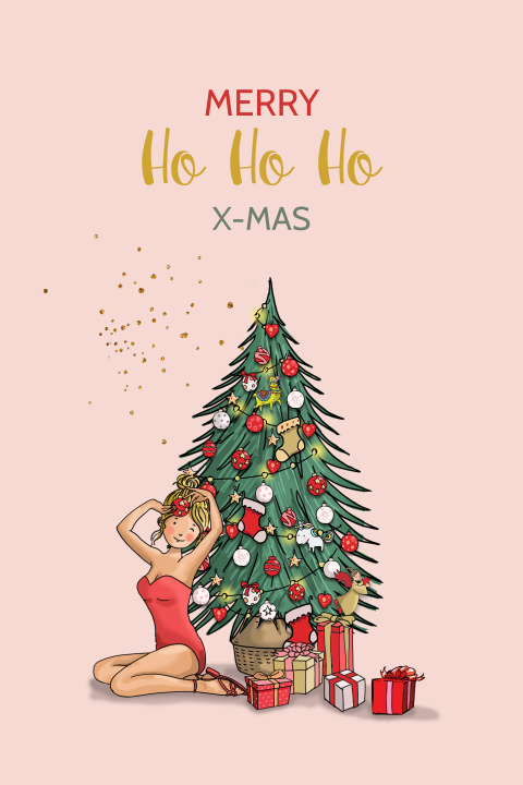 Kerstkaart kerstboom met mooie vrouw glitters