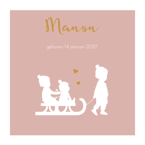 3e kindje geboortekaartje meisje broertjes roze met slee winter
